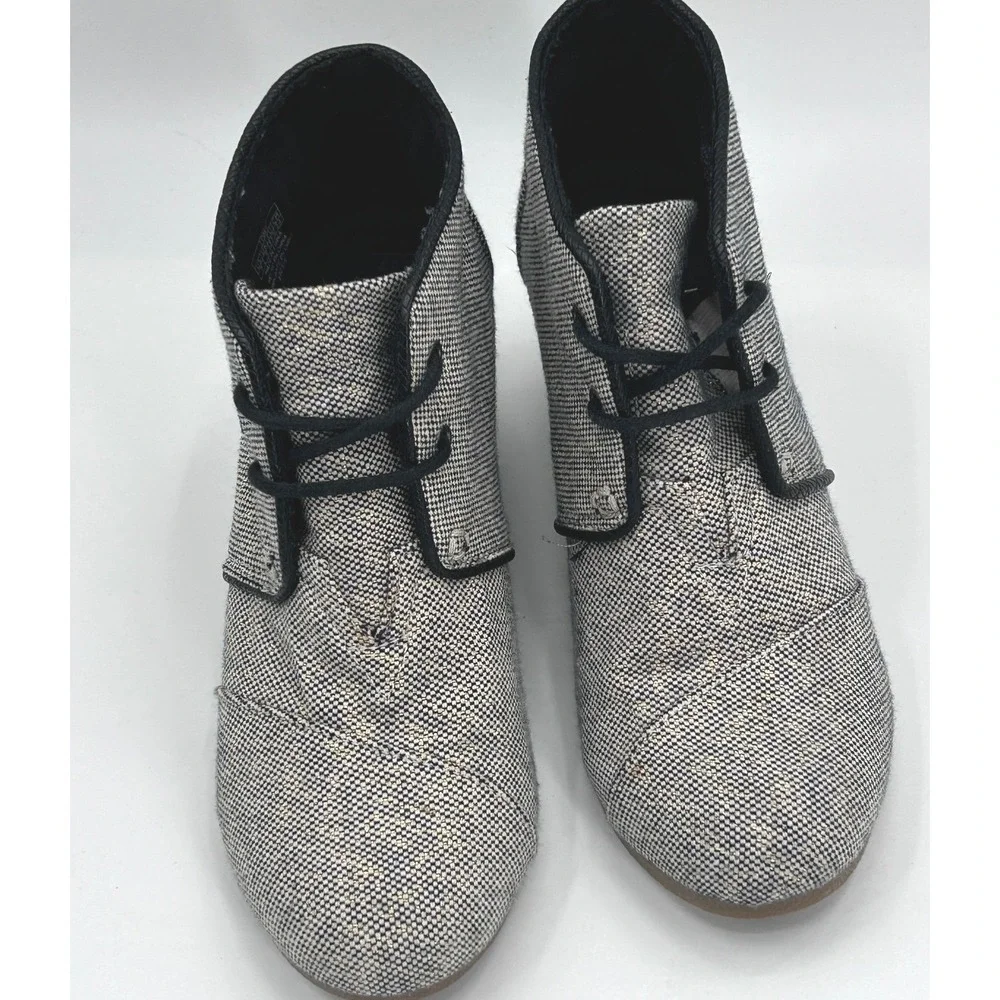 Toms Desert Wedge Linen Tweed Black White Metallic Gold Lace-up Ankle Bootie 7